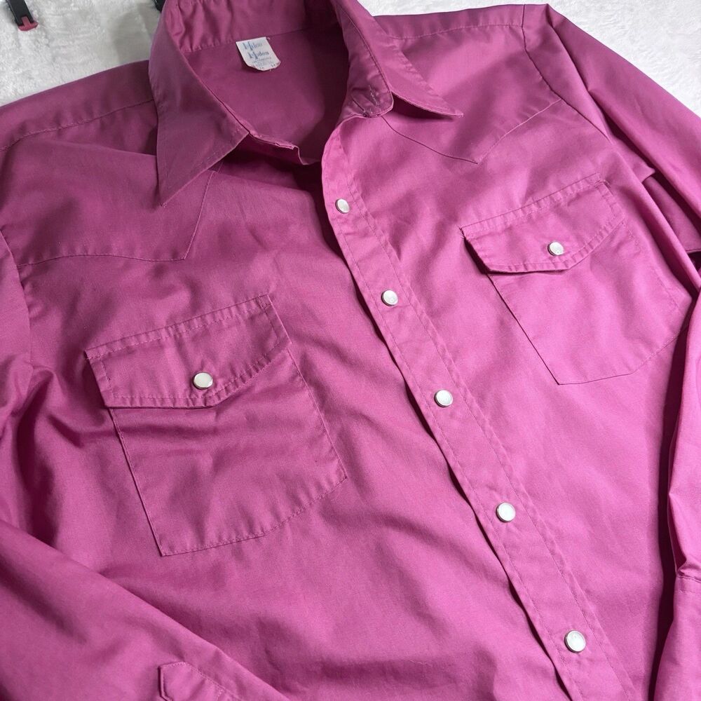 Vintage Malco Modes Pink Western Pearl Snap Shirt Mens XL 17.5 34 USA Rockabilly